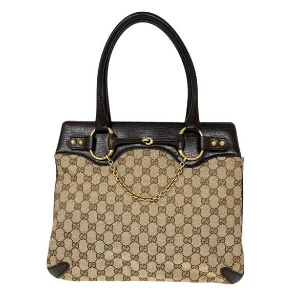 GUCCI Vintage Monogram Horsebit Chain Shoulder Bag Beige Brown Canvas [105425] - Picture 5 of 13